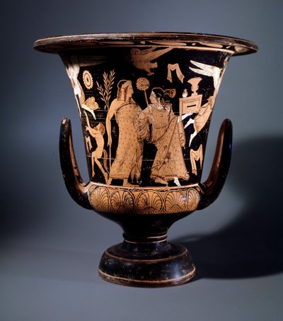 Civilização etrusca: decoração de cratera de terracota pelo pintor de Nazzano representando Apolo e um menade, 350 aC Dim 57 cm, do local de Civita Castellana de Etruscan