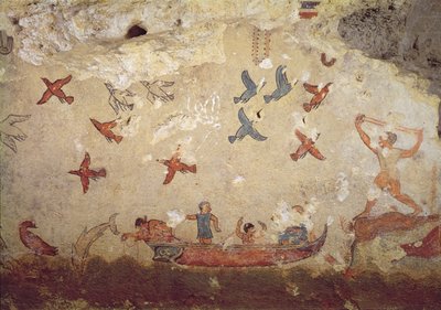 Pescadores, em, um, bote, e, pássaros, voando, de, a, túmulo, de, pesca, e, caça, c.520-510, bc, (wall, painting) de Etruscan