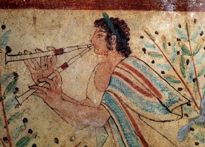 Flautista. Pormenor de um fresco do Túmulo dos Leopardos, século V a.C. de Etruscan