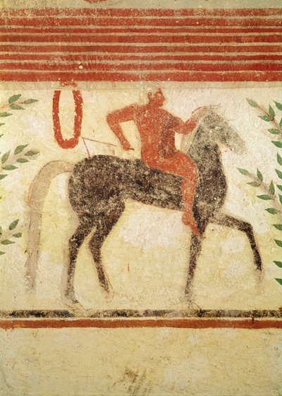 Cavaleiro, lado esquerdo, da tumba do Barão, c.500 aC (pintura de parede) de Etruscan