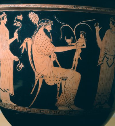 Krater (vaso grande) do Pintor Altamura, detalhe mostrando Dionísio. Cerâmica com algarismos vermelhos. Civilização Etrusca, 5-4 AC. de Etruscan