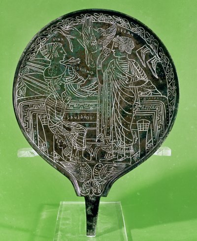 Espelho retratando Afrodite persuadindo Helen a seguir Paris para Tróia, de Palestrina (bronze) de Etruscan