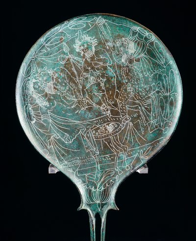 Espelho retratando a cena do banquete, artefato de bronze do Preneste (Lazio). Civilização Etrusca, Século IV a.C. de Etruscan