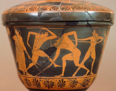 Pyxis com atletas no ginásio. Cerâmica de algarismos vermelhos, de Cerveteri (Lazio). Civilização Etrusca, Século IV AC. de Etruscan