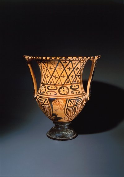 Krater (vaso usado para misturar vinho e água) com algarismos vermelhos, representando um rosto humano. de Etruscan