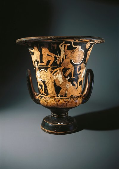 Cerâmica de figuras vermelhas, krater calyx representando Neoptolemus, Astyanax, Helena de Tróia e Priamo em terra, de Nazzano Painter, de Civita Castellana de Etruscan