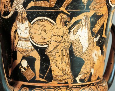 Cerâmica de algarismos vermelhos, detalhe de krater representando Menelaus enfrentado por Afrodite ao chegar a Helena, de Civita Castellana, antiga Falerii, província de Roma, Itália de Etruscan