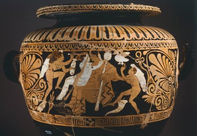 Stamnos (recipiente de armazenagem de líquidos), detalhe mostrando Dionísio e Ariadne. Cerâmica de algarismos vermelhos de Porano (Úmbria). Civilização Etrusca, Século IV a.C. de Etruscan