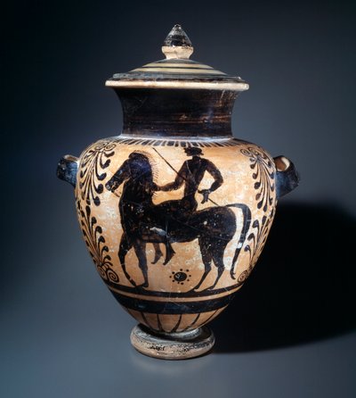 Terracotta stamnos representando um cavaleiro, 500-490 AC de Etruscan