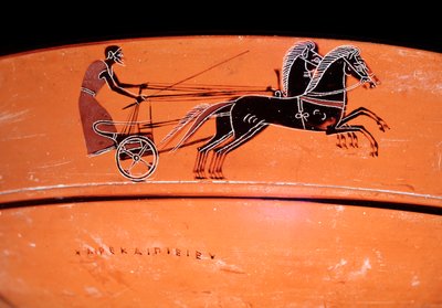 Detalhe de um vaso de terracota representando uma carruagem desenhada por dois cavalos, século IV a.C. de Etruscan