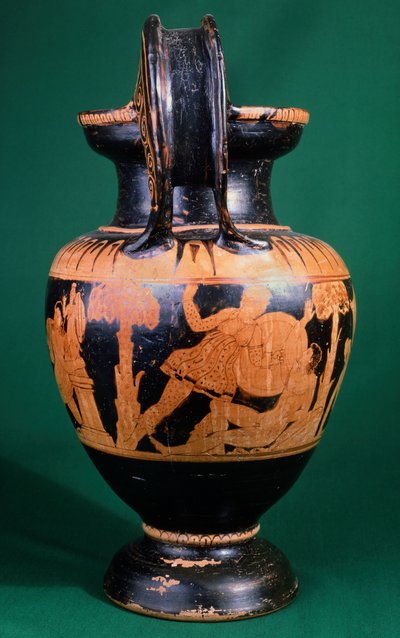 Krater volute do pintor de Mainz, retratando uma luta entre um guerreiro e uma amazona. Cerâmica de algarismos vermelhos. Civilização Etrusca, Século IV a.C. de Etruscan