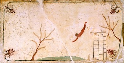 mergulhador, cerca de 480-490 a.C., fresco decorativo da laje de cobertura do Túmulo do Mergulhador em Paestum, Campânia, Itália, século V a.C. de Etruscan