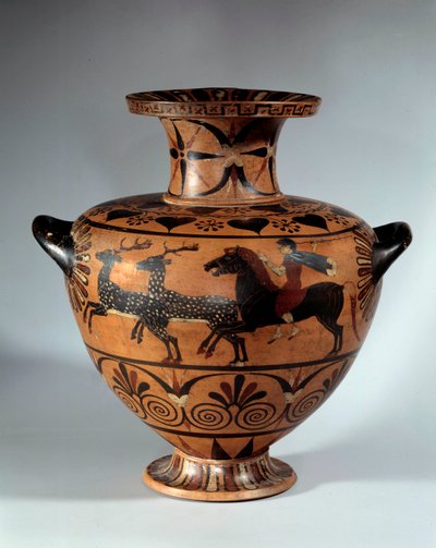 Hidroe cerâmico com figuras negras, chamado Caere. Face: caça ao veado Reverso: duas asas de touros a galopar em direcção oposta. Cerca de 540-530 AC. Sol 0,4 m Paris, Musee du Louvre de Etruscan Etruscan