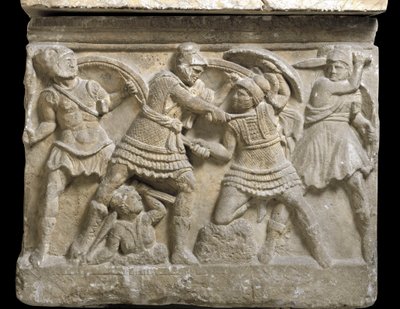Arte etrusca: "Eteocle e Polynice" os dois irmãos, filho de Édipo, Bas relief de um sarcófago de Chiusi, século III a.C. - Palermo, Museo Archeologico Nazionale - Duelo entre os irmãos Eteocles e Polynices, filhos de Édipo - Bas-relief, detai de Etruscan Etruscan