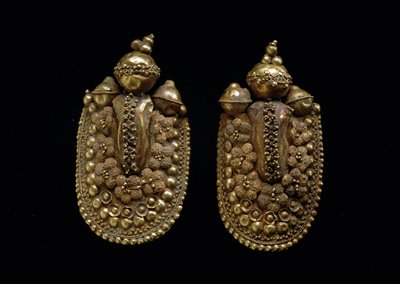 Arte etrusca: brincos de ouro Dim 6 cm Florence Museo Archeologico de Etruscan Etruscan