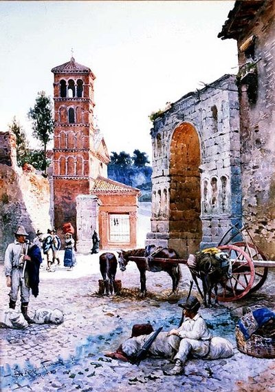 Figuras em uma Praça Romana por um Arco (aquarela) de Ettore Roesler Franz