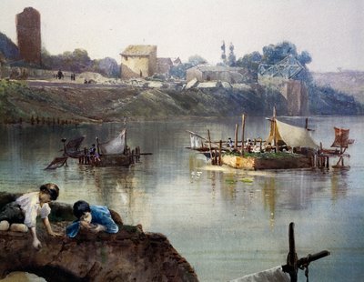 Os giornelli (rodas de peixe) dos pescadores em Tiber perto de Porto di Ripa Grande em Roma, por Ettore Roesler Franz (1845-1907), aguarela, Itália de Ettore Roesler Franz