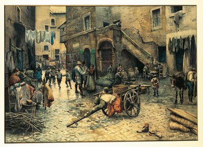 Itália, Roma, Vida de rua na Via Capocciuto no Gueto (judeu) de Roma por Ettore Roesler Franz, aguarela de Ettore Roesler Franz
