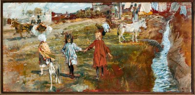 Paisagem campestre com crianças e cão, um burro junto ao rio (óleo sobre tela de Ettore Tito