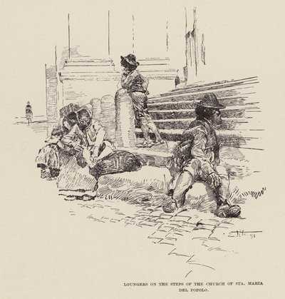 Espreguiçadeiras nos degraus da Igreja de Santa Maria del Popolo (gravura) de Ettore Tito