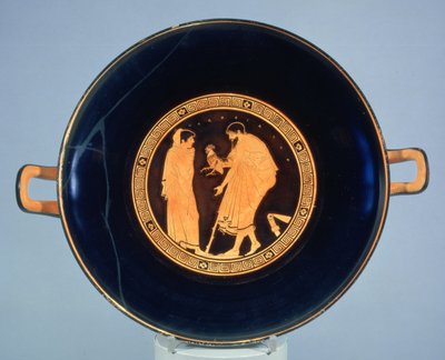 Copa ática de figuras vermelhas decorada com um homem dando a um menino um galo, c.470 aC (cerâmica) de Euaichme Painter