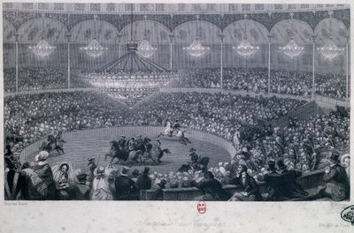 Espectáculo de cavalos no circo Franconi, Champs Elysees, Paris, Eugene Louis Lami (1800-1890), gravado por Charles Mottram (1807-1876) retirado do Verão e Inverno em Paris de Eugene Louis Lami