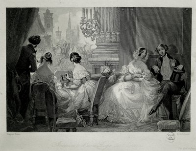 Interior da Ópera de Paris, pessoas em loge Gravura de Eugene-Louis Lami de Eugene Louis Lami