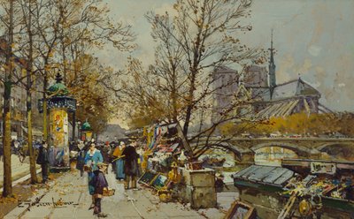 The Rive Gauche, Paris, com Notre Dame Beyond (cor do corpo no cartão) de Eugene Galien-Laloue