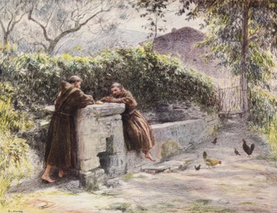O repasto de São Francisco e Frei Masseo na fonte, São Francisco elogia a pobreza (litografia a cores) de Eugene (after) Burnand