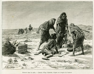 Enterrar na areia. Gravura de Eugene Girardet, para ilustrar a história Cinco meses nos pântanos nómadas do Sahara Ocidental, em 1887, de Camille Douls, em le tour du monde 1888, sob a direcção de Edouard Charton (1807-1890), Hachette, Paris. de Eugene Alexis Girardet