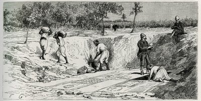 Escavações no cemitério cristão de Lamta, com as duas acusações de missão. Gravura de Eug.Girardet, para ilustrar a história “A Jornada à Tunísia”, de Rene Cagnat de Eugene Alexis Girardet