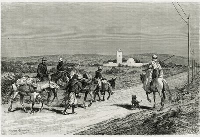 O nosso reboque está em movimento. Gravado por Eugene Girardet, para ilustrar a história "Voyage en Tunisie", do historiador René Cagnat (1852-1937) e Henri Saladin (1851-1923), arquiteto, encomendado em 1882-1883, pelo Ministério da Instrução Pública. Pub de Eugene Alexis Girardet
