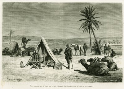 Acampamento de viajantes nos arredores de Tozeur. Gravura de Eugene Girardet para ilustrar a história Voyage en Tunisie, de R.Cagnat e H.Saladin, em le tour du monde 1886, dirigido por Edouard Charton (1807-1890), Hachette, Paris. de Eugene Alexis Girardet