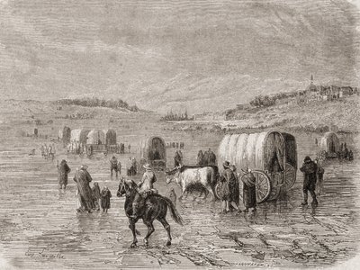 Um trem de vagões rumo ao oeste na década de 1860, gravado por Stephane Pannemaker (1847-1930) de Eugene Antoine Samuel Lavieille