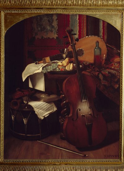 Natureza morta com instrumentos musicais. Pintura por Eugene Appert (1814 - 1867) de Eugene Appert