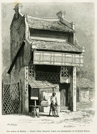 Uma casa Monkay. Gravura de Eugene Burnand, para ilustrar a história Sur les frontières du Tonkin, do Doutor P.Neiss, no tour du monde 1888, dirigido por Edouard Charton (1807-1890), Hachette, Paris. de Eugene Burnand