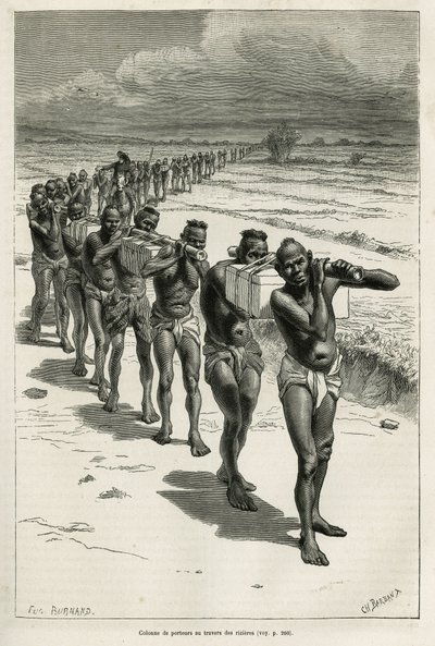 Coluna de portadores através dos arrozais, entre Bassac e Hue, gravada após um desenho de Eugene Burnand, para ilustrar a história sobre o Laos e as populações selvagens da Indochina, pelo Dr. Harmand, em 1877, publicada no tour du monde, sob o título dire de Eugene Burnand