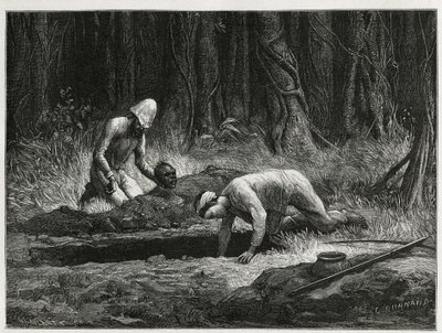 Dr. Harmand e seu ajudante Annamite, realizando exumações clandestinas de enterros Khas, em Attopeu (Laos), gravada por Eugene Burnand, para ilustrar a história do Laos e das populações selvagens da Indochina pelo Dr. Harmand, em 1877, publicada no tour du de Eugene Burnand