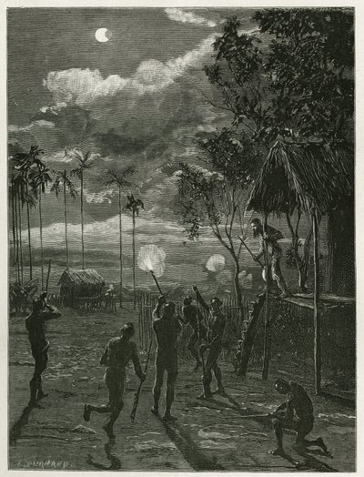 Dr. Harmand desperta no meio da noite pelo ruído das espingardas dos indígenas Khas, disparando sobre a lua sujeita a um eclipse, em Attopeu (Laos), gravado por Eugene Burnand, para ilustrar a história do Laos e das populações selvagens do Indo de Eugene Burnand