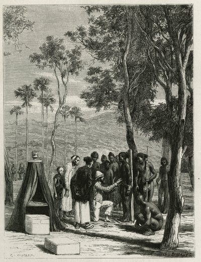 Dr. Harmand procede a medições antropológicas sobre os indígenas Khas, um Attopeu (Laos), gravado por Eugene Burnand, para ilustrar a história do Laos e as populações selvagens da Indochina pelo Dr. Harmand, em 1877, publicado no tour du monde, sob de Eugene Burnand