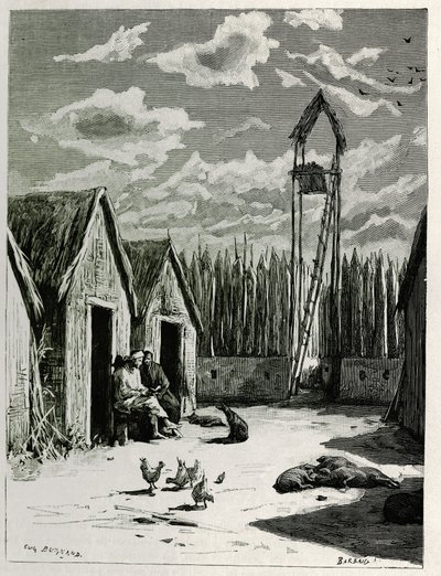 Praça Missionária em Meuong Ngan. Gravura de Eugene Burnand, para ilustrar a história "Jornada no Alto Laos", em 1880, pelo Dr. P.Neis. Publicado em Le Tour du monde, nouveau journal des voyages, 2º semestre de 1885, editado por Edouard Charton (1807-1890) de Eugene Burnand