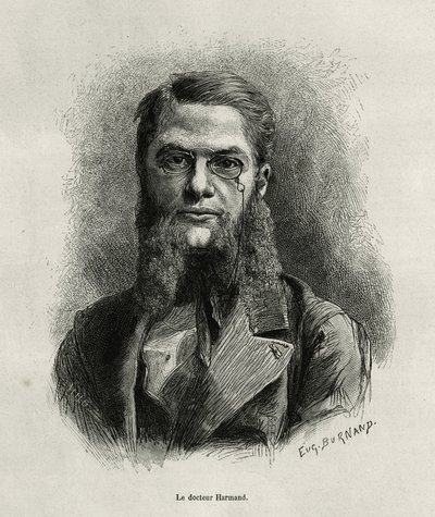 Retrato do Dr. Harmand, gravado por Eugene Burnand, para ilustrar a história do Laos e das populações selvagens da Indochina pelo Dr. Harmand, em 1877, publicado no tour du monde, sob a direcção de Edouard Charton de Eugene Burnand