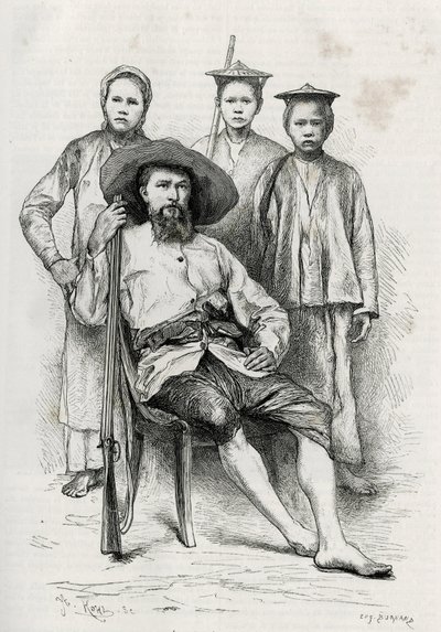 Retrato do autor, rodeia os seus companheiros de viagem. Gravura de Eugene Burnand, para ilustrar a história "Journey in Upper Laos", de 1880, do Dr. P.Neis. Publicado em Le Tour du monde, nouveau journal des voyages, 2º semestre de 1885, editado por Edou de Eugene Burnand