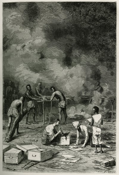 A secagem das plantas de herbário, em grandes argilas de bambu, antes que o médico as classifique e as armazene nas suas caixas, gravada por Eugene Burnand, para ilustrar a história do Laos e das populações selvagens da Indochina pelo Doutor Harmand, em 18 de Eugene Burnand