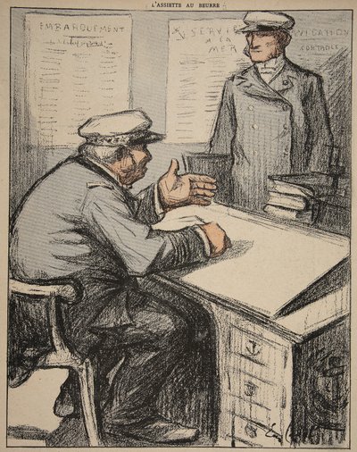 Dois cavalheiros marítimos em seus escritórios, ilustração de &39;A Placa da Manteiga: Funcionários&39;, 9 de agosto de 1902 de Eugene Cadel