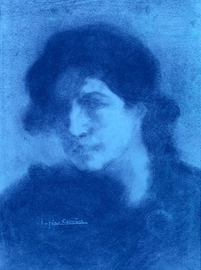 Retrato de uma Mulher (tinta azul e lavagem em papel) de Eugène Carrière