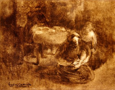 Mulher a dactilografar atacadores de sapatos de criança (óleo sobre tela) de Eugène Carrière