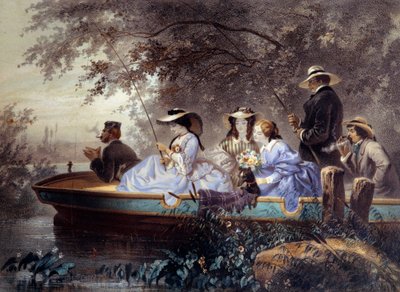 Um domingo com a família, pesca no rio Litográfico por Eugene Guerard (1821-1866) Paris do século XIX, Musee Carnavalet de Eugene Charles Francois Guerard