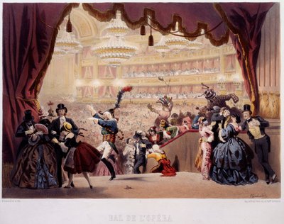 O Baile de Máscaras da Opera de la Rue Le Peletier em Paris Este baile foi chamado Grand Veglione. Litografia de Eugene von Guerard (1811-1901) Paris do século XIX, Musee Carnavalet de Eugene Charles Francois Guerard