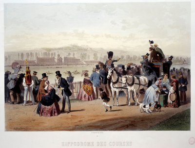 Vista do hipódromo no Bois de Boulogne Lithograph de Eugene Guerard (1821-1866) do século XIX. Paris, Musee Carnavalet de Eugene Charles Francois Guerard